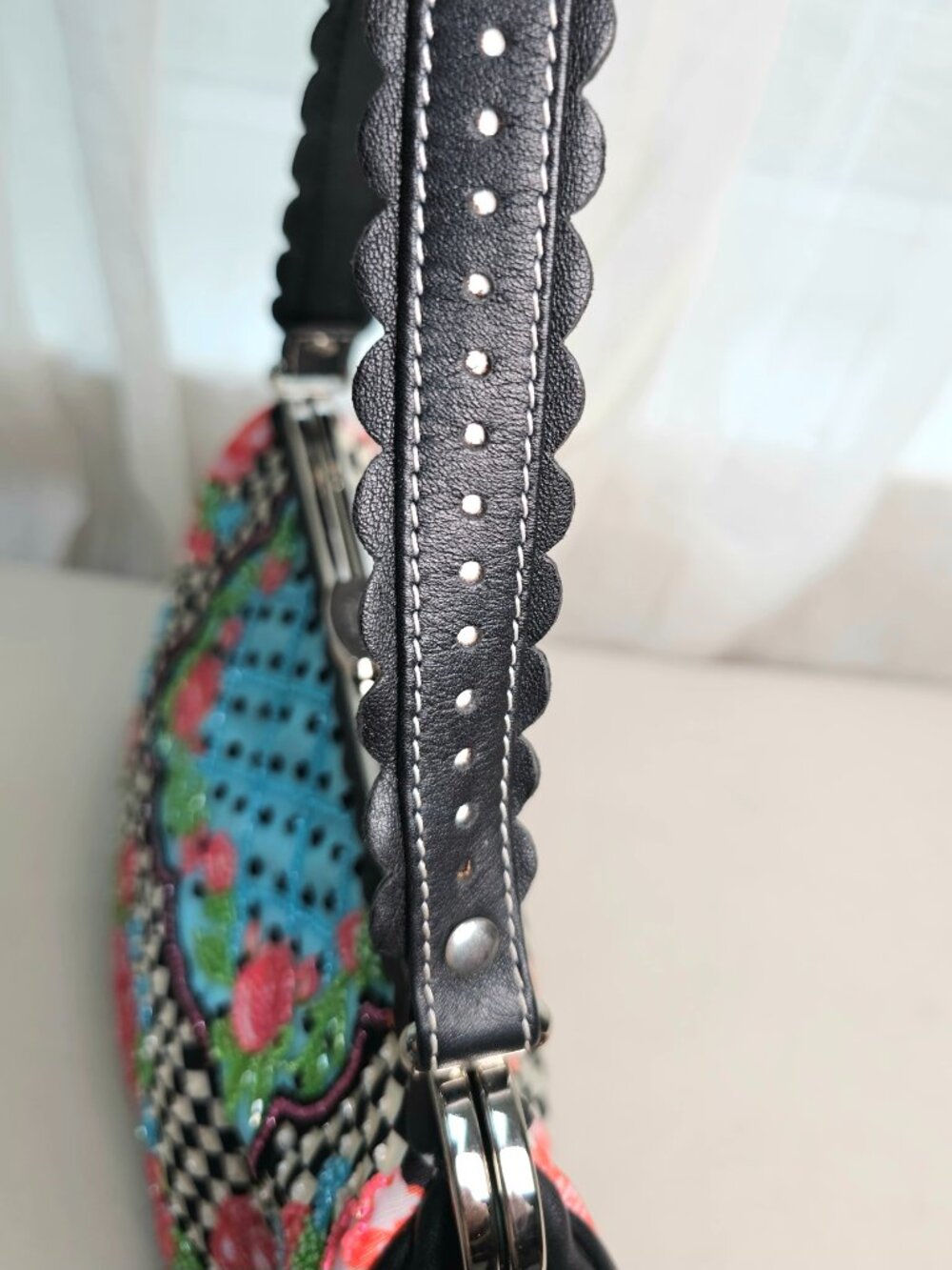 Isabella Fiore Beaded Frame Handbag Floral Patchwork Black Multi Vintage - Picture 11 of 13